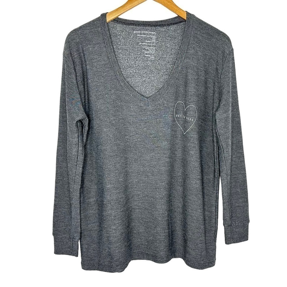 good hYOUman Womens Long Sleeve "Get in here" V Neck Knit Top Sz XS/S Gray